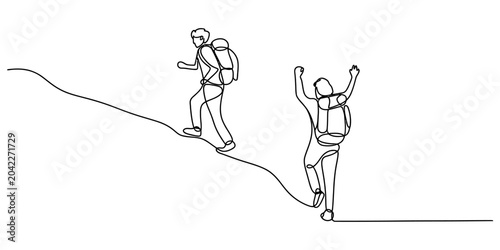 Tableau sur toile Two hikers with backpacks climbing a steep hill in a continuous line drawing