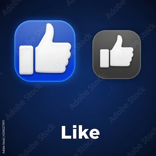 Two glowing thumb-up icons, one blue, one dark grey, with text 