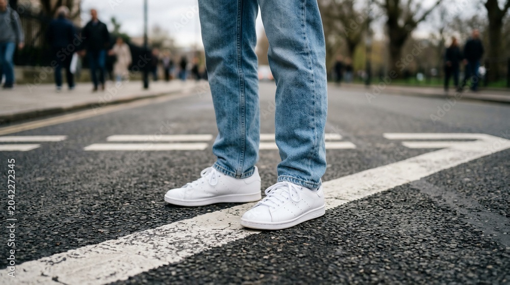 Fototapeta premium Person standing on pedestrian crossing line.