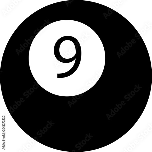 Black billiard ball number nine for pool game isolated on transparent background