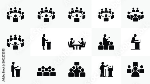 Set of 15 Meeting and Conference Black Glyph Icons Vector