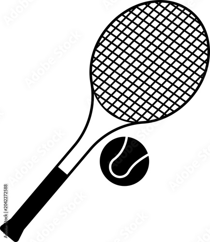 Black and white tennis racket and tennis ball icon isolated on transparent background