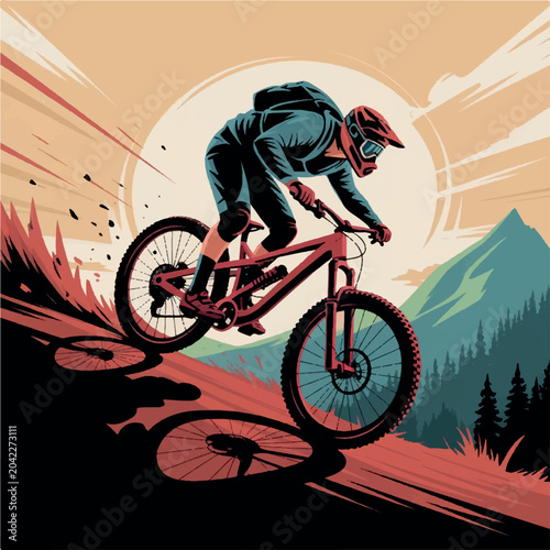 Valokuva Mountain biker jumping in mid-air with colorful pixel art background Vector, ill