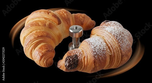 Two golden croissants, one plain, one dusted with powdered sugar, flanking a small silver dumbbell