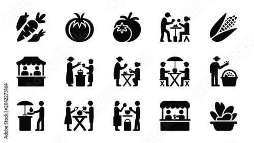 Obraz na plátně Set of 15 Black Market Stall and Vegetable Vector Icons