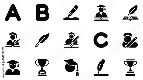 Set of 15 Black Education and Academic Vector Icons