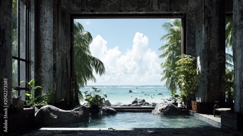 Luxurious indoor pool area framed by rough concrete walls overlooks a vibrant tropical ocean scene.