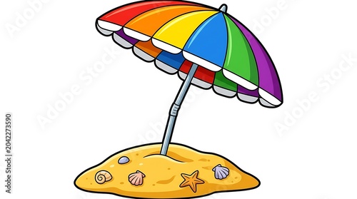 Colorful Rainbow Beach Umbrella in Sand with Seashells and Starfish Cartoon Vector