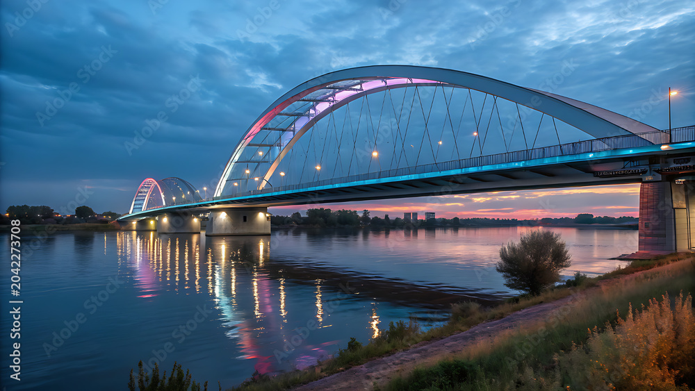 Naklejka premium Large modern illuminated bridge over a river at dusk scenic landscape