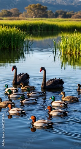 Two graceful black swans lead a flock of ducks on calm water