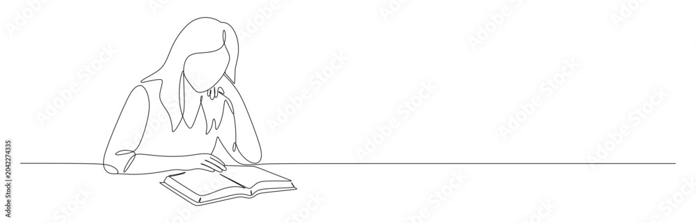 Fototapeta premium A minimalist continuous line art illustration depicting a woman sitting at a table and deeply focusing on reading an open book.