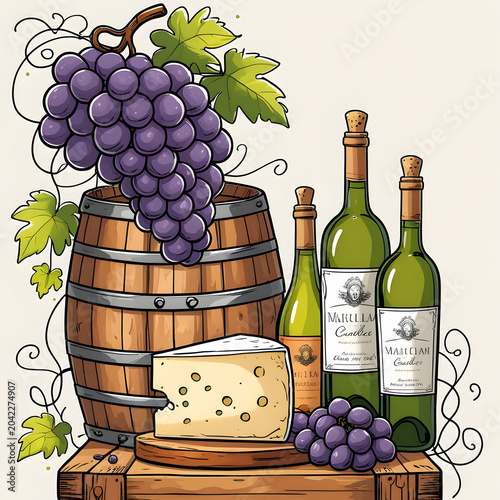 Wine tasting doodle set with grapes cheese barrel and bottles illustration