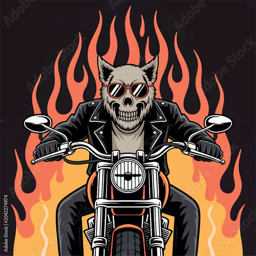 Quadro em tela Skeleton biker with flaming horns riding motorcycle in hellfire Vector, illustra