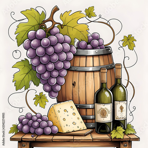 Wine tasting doodle set with grapes cheese barrel and bottles illustration