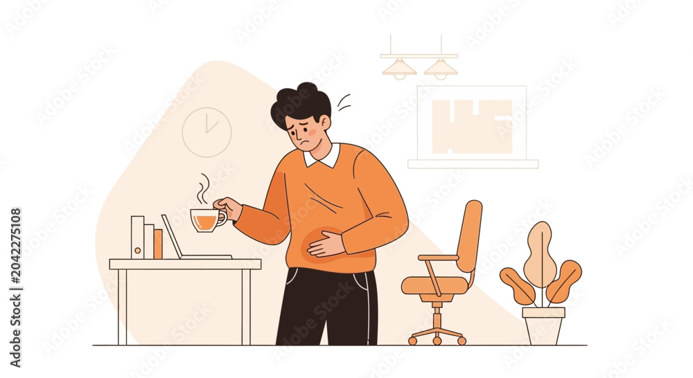 Fototapeta premium Man Experiencing Stomach Discomfort at Workplace After Drinking Coffee While Working