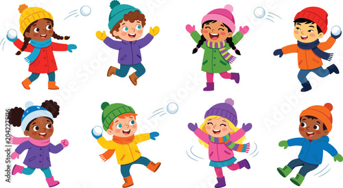 Фотография Happy diverse kids playing snowball fight, winter children outdoor activities ve