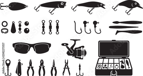 Tableau sur toile Fishing tackle and equipment silhouette icon set with reel, lures, and tackle bo
