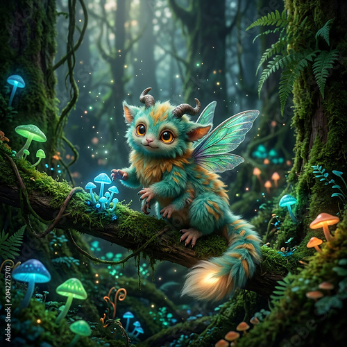 Curious Flying Squirrel Gliding Through Enchanted Forest with Magical Blue Glow