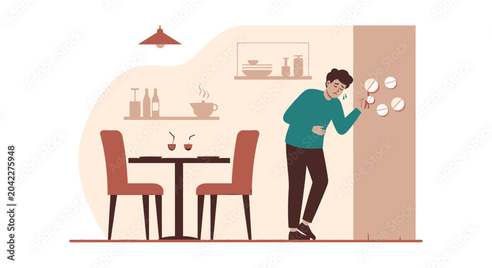 Fototapeta premium Man Suffering Digestive Issues Reaches For Medicine In A Restaurant, Seeking Relief Quickly