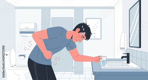 Man Experiencing Stomach Pain, Seeking Water for Relief in the Bathroom Setting