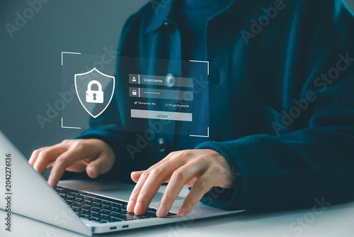 Cybersecurity login protection concept with user access secure account on laptop, password authentication interface, data privacy, identity protection, and secure online access control system.