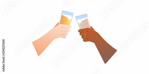 hands toasting beer glasses diverse skin tones flat illustration