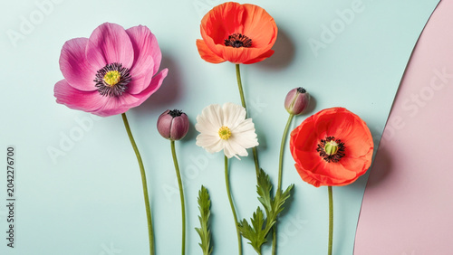 Minimal floral illustration with vivid petals and green leaves for graphic branding templates