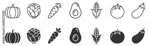 Foto set of vegetable icons including pumpkin cabbage carrot avocado corn tomato and
