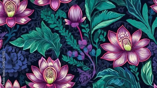 Botanical illustration with vines and leaves arranged into structured floral frame on dark backdrop