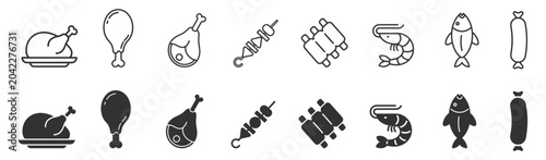 Quadro su tela meat and seafood line and solid icons set including chicken leg drumstick ham ke