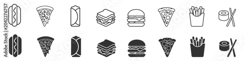 fast food icons set in line and solid style including hot dog, pizza slice, wrap, sandwich, burger, fries, sushi with chopsticks on transparent background