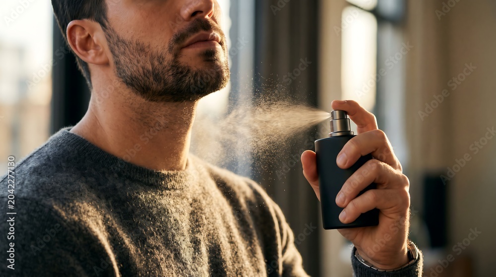 Fototapeta premium Close up of a man spraying luxury perfume cologne on his neck in a soft morning light, conveying a premium grooming routine and symbolizing masculine confidence.