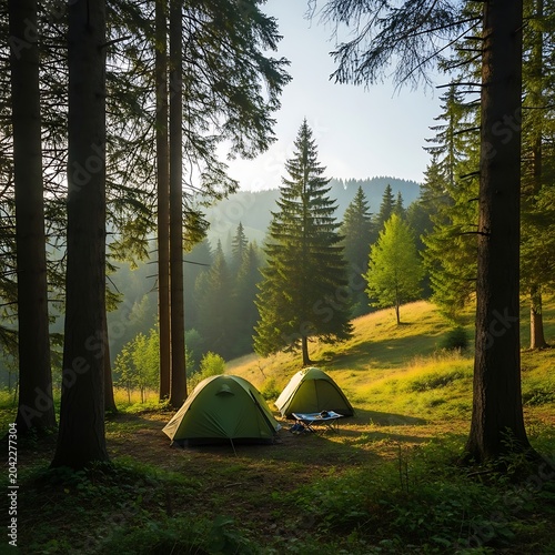 Two green tents nestled in a sun-dappled forest clearing with rolling hills beyond