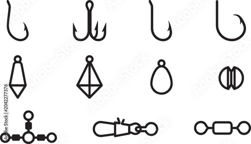 Photos Fishing terminal tackle outline icon set with hooks, sinkers, and swivels