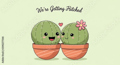 Two adorable cartoon cacti in pots, smiling, with a heart above