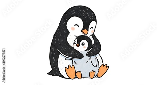 Two adorable cartoon penguins, one large and one small, embracing lovingly
