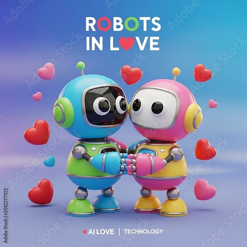 Two adorable, colorful robots in a loving embrace, surrounded by floating hearts