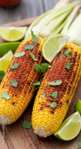 Two grilled corn on the cob halves topped with chili and cilantro, with limes