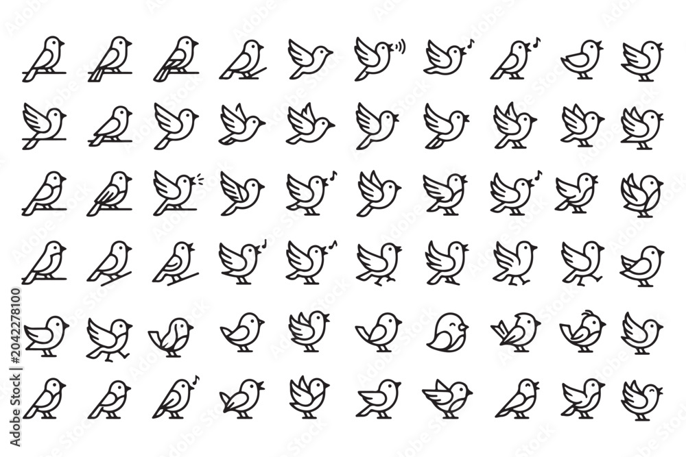 Fototapeta premium Various black line art birds in different poses and actions on white background
