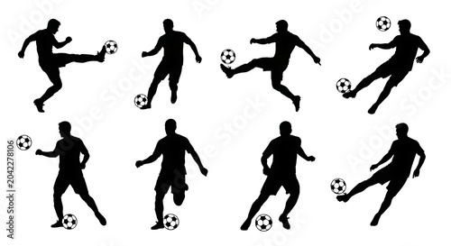 Soccer Players Silhouettes in Action Poses with Footballs