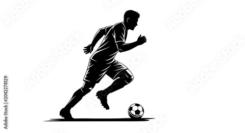 Dynamic Soccer Player Silhouette Dribbling Ball Vector Illustration