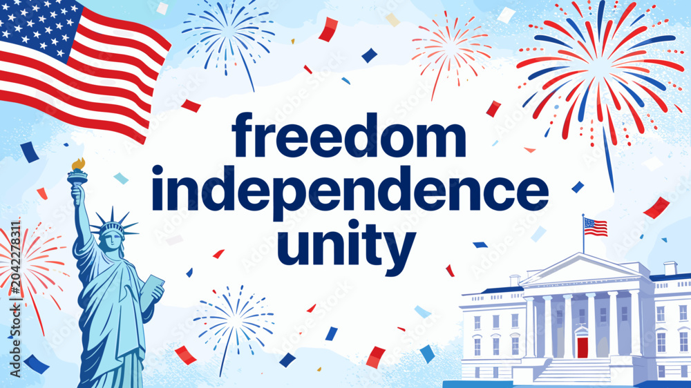 Obraz premium A vibrant illustration celebrating American Independence Day with the Statue of Liberty, the White House, fireworks, and confetti, symbolizing freedom and unity.