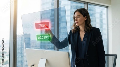Businesswoman interacting with transparent glass interface for decision choosing.