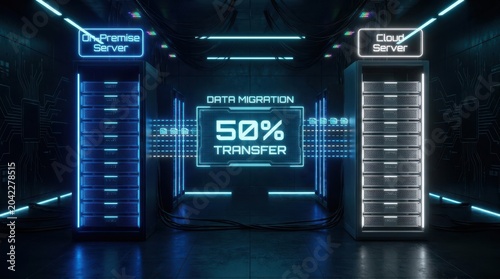 Data migration between on premise server and cloud infrastructure showing progress.