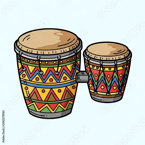 Two hand drums with vibrant, patterned bodies, connected by a central piece