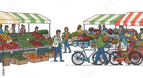 Bustling open-air market with people, fresh produce, and bicycles
