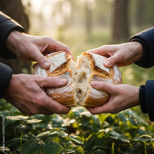 Two hands break a loaf of crusty bread in a sun-dappled natural setting