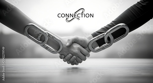 Two hands clasping, joined by a metal chain link, symbolizing unity