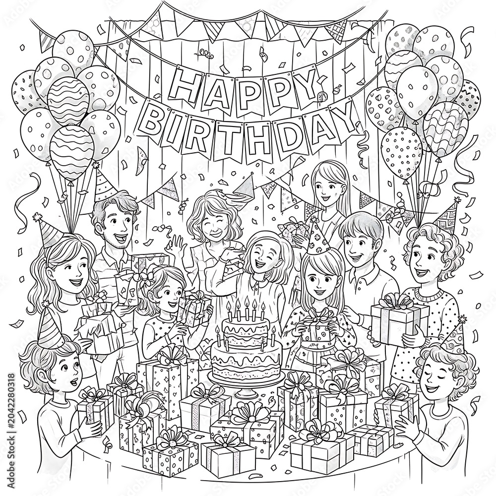 Obraz premium Detailed Birthday Party Celebration Coloring Book Illustration.