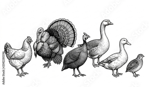 Canvastavla Vintage Engraved Farm Birds Vector Set with Chicken Turkey Duck Goose Quail and